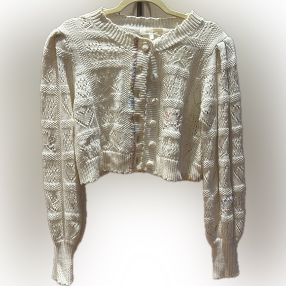 Loveshackfancy cream cropped cardigan embroidered pastel rainbow - Picture 2 of 7